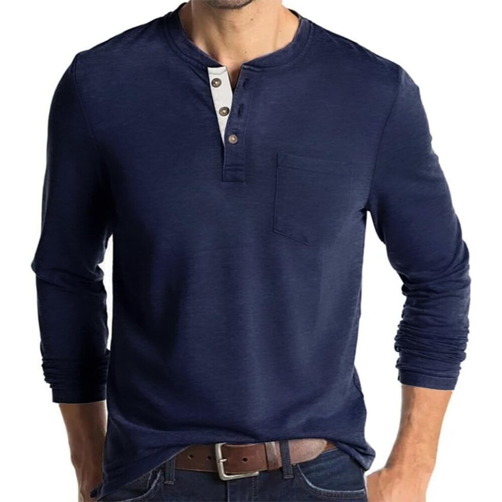 Men's Navy Casual Long Sleeve Fashion Button Henley T Shirts